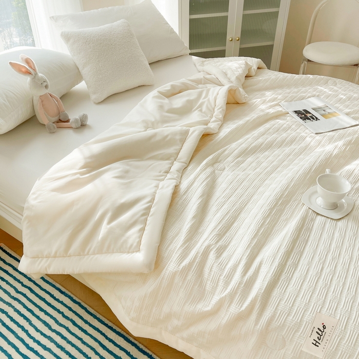 Washed Waffle Summer Quilt with Wide Edge Trim, Lightweight Soft Comforter with Embroidered Detail, Breathable Fiber-Filled Cooling Quilt