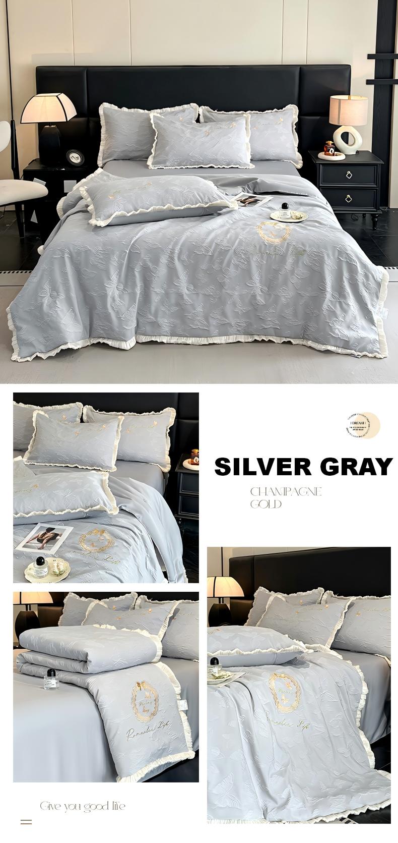 Embossed Lace Washed Faux Silk Summer Quilt, Lightweight Breathable Comforter with Embroidered Texture and Ruffled Trim, Soft Cooling Quilt for Bed