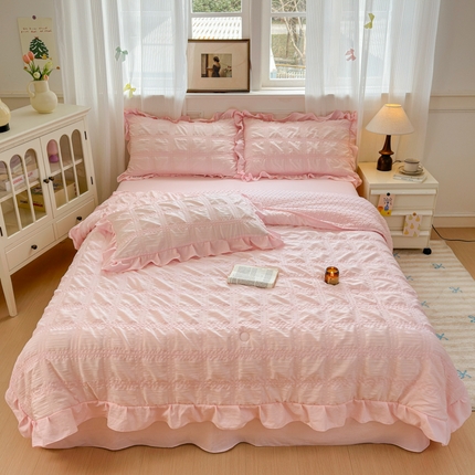 Korean Style Seersucker Summer Quilt, 3D Bubble Dot Reversible Cooling Comforter with Ruffled Edge, Soft Lightweight Quilt for Bed