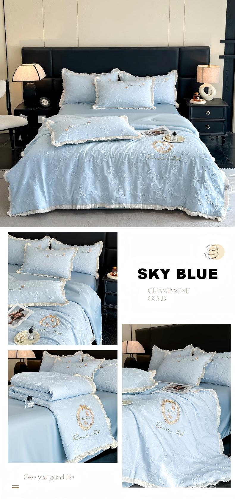 Embossed Lace Washed Faux Silk Summer Quilt, Lightweight Breathable Comforter with Embroidered Texture and Ruffled Trim, Soft Cooling Quilt for Bed