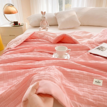 Washed Waffle Summer Quilt with Wide Edge Trim, Lightweight Soft Comforter with Embroidered Detail, Breathable Fiber-Filled Cooling Quilt