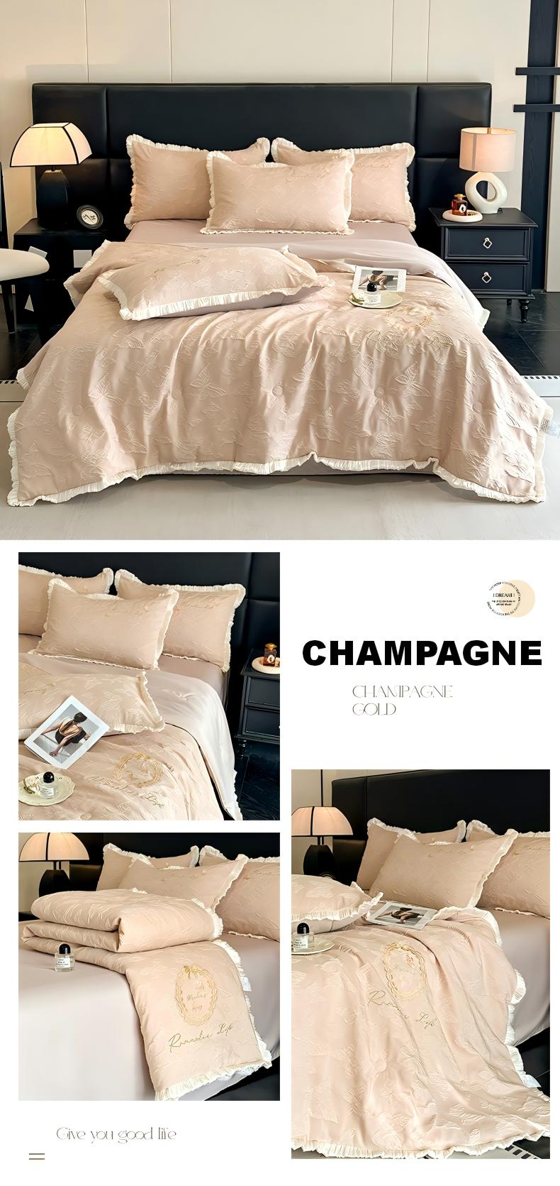 Embossed Lace Washed Faux Silk Summer Quilt, Lightweight Breathable Comforter with Embroidered Texture and Ruffled Trim, Soft Cooling Quilt for Bed