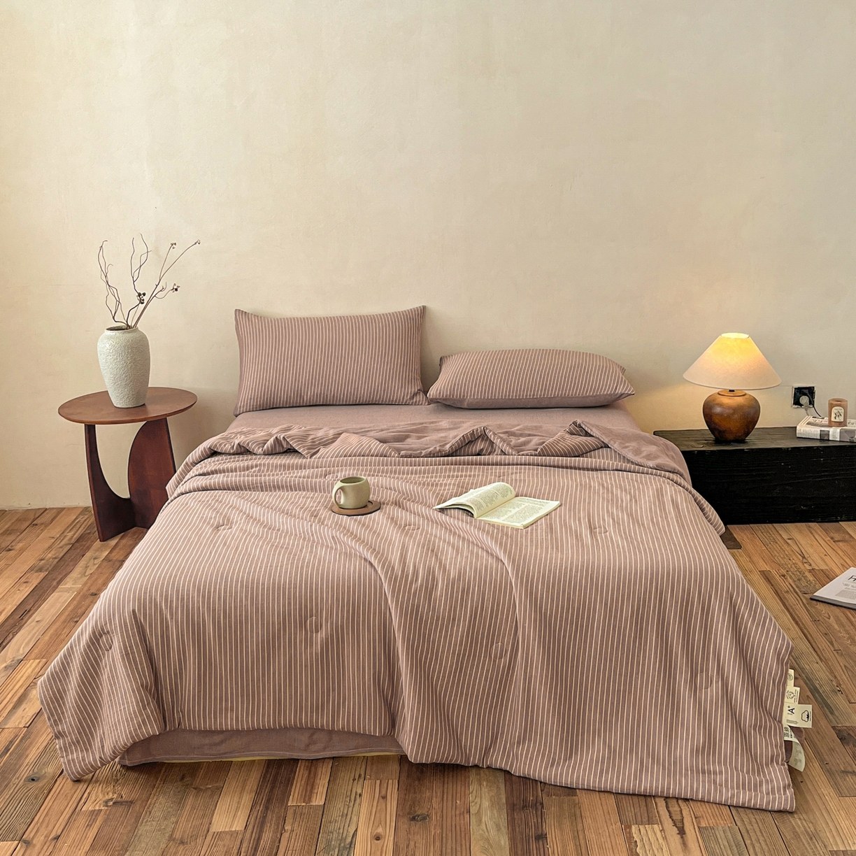 Pure Cotton Yarn-Dyed Washed Summer Quilt Set, 4-Piece Ultra-Soft Breathable Comforter Set with Antibacterial Fiber Filling