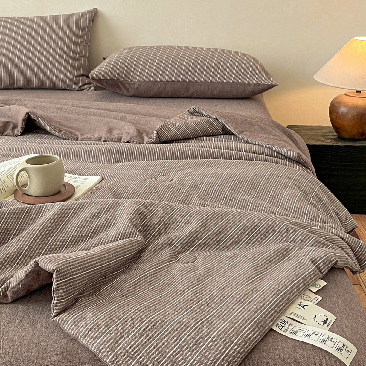 Pure Cotton Yarn-Dyed Washed Summer Quilt Set, 4-Piece Ultra-Soft Breathable Comforter Set with Antibacterial Fiber Filling