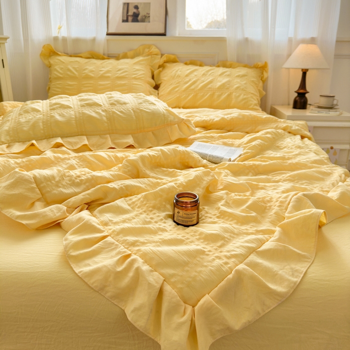 Korean Style Seersucker Summer Quilt, 3D Bubble Dot Reversible Cooling Comforter with Ruffled Edge, Soft Lightweight Quilt for Bed