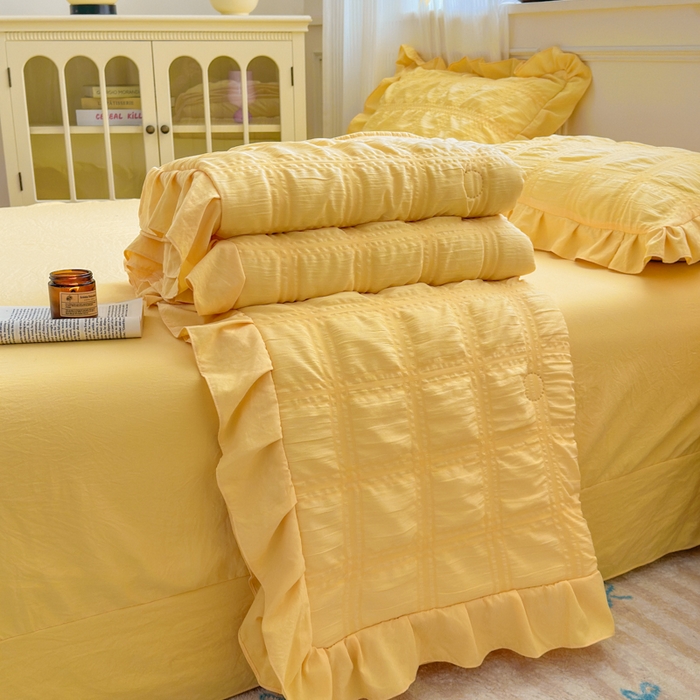 Korean Style Seersucker Summer Quilt, 3D Bubble Dot Reversible Cooling Comforter with Ruffled Edge, Soft Lightweight Quilt for Bed