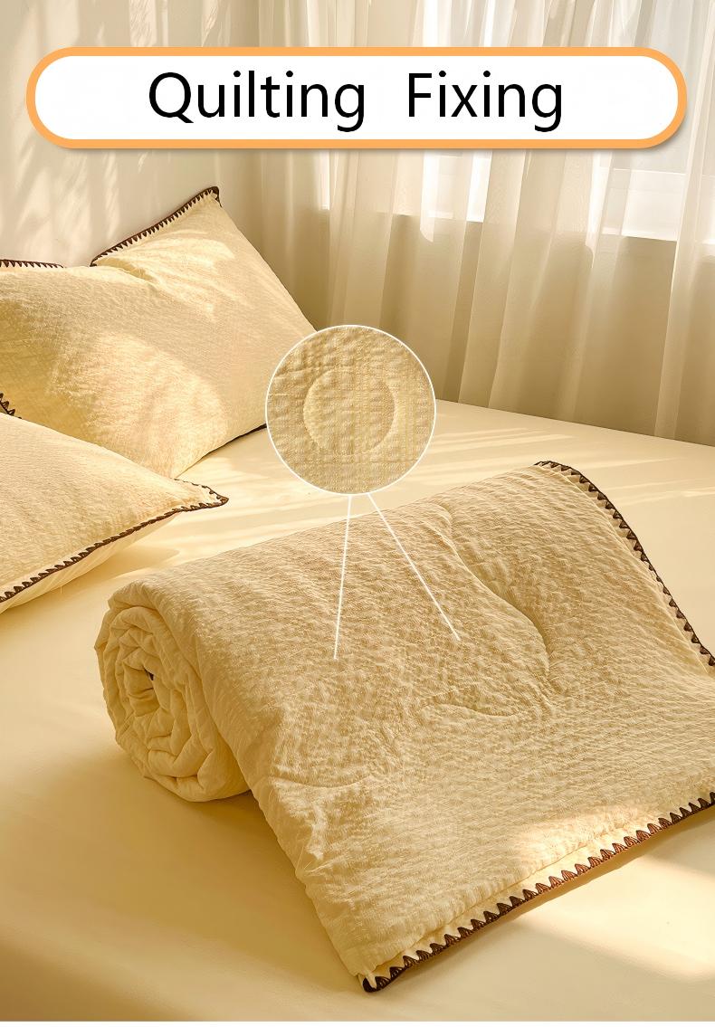 Solid Color Seersucker Summer Quilt Set, 4-Piece Lightweight Comforter with Shell Stitch Edge, Soft Breathable Bedding Set