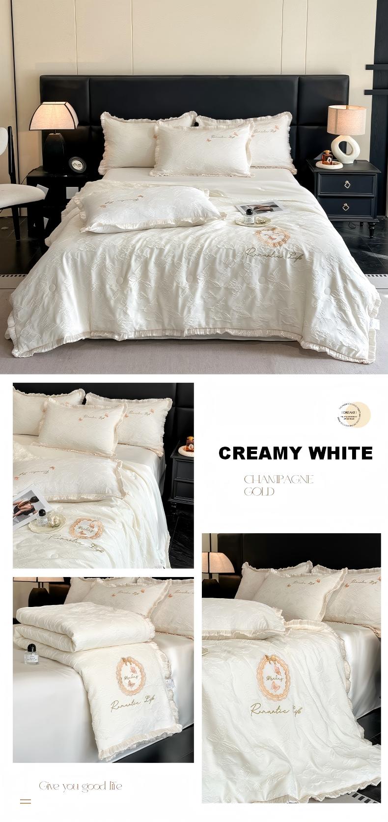 Embossed Lace Washed Faux Silk Summer Quilt, Lightweight Breathable Comforter with Embroidered Texture and Ruffled Trim, Soft Cooling Quilt for Bed