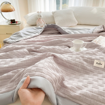 Washed Waffle Summer Quilt with Wide Edge Trim, Lightweight Soft Comforter with Embroidered Detail, Breathable Fiber-Filled Cooling Quilt