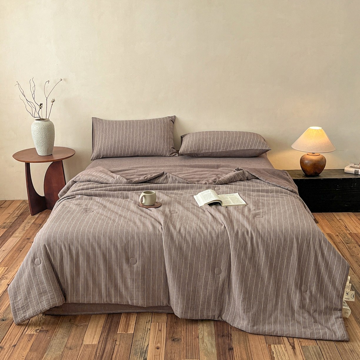 Pure Cotton Yarn-Dyed Washed Summer Quilt Set, 4-Piece Ultra-Soft Breathable Comforter Set with Antibacterial Fiber Filling