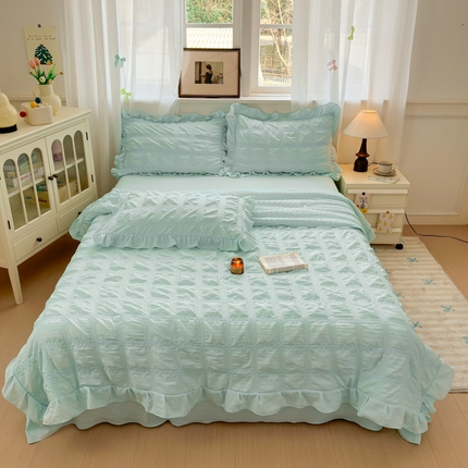 Korean Style Seersucker Summer Quilt, 3D Bubble Dot Reversible Cooling Comforter with Ruffled Edge, Soft Lightweight Quilt for Bed