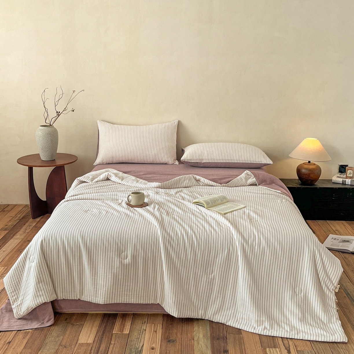 Pure Cotton Yarn-Dyed Washed Summer Quilt Set, 4-Piece Ultra-Soft Breathable Comforter Set with Antibacterial Fiber Filling