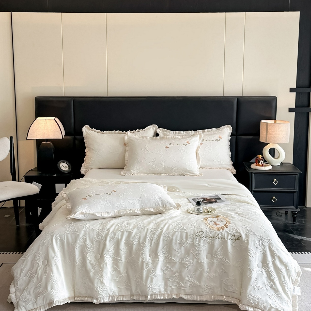 Embossed Lace Washed Faux Silk Summer Quilt, Lightweight Breathable Comforter with Embroidered Texture and Ruffled Trim, Soft Cooling Quilt for Bed