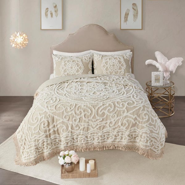 3-Piece Tufted Chenille Medallion Quilted Bedcover Set with Fringe Trim and Pillow Shams