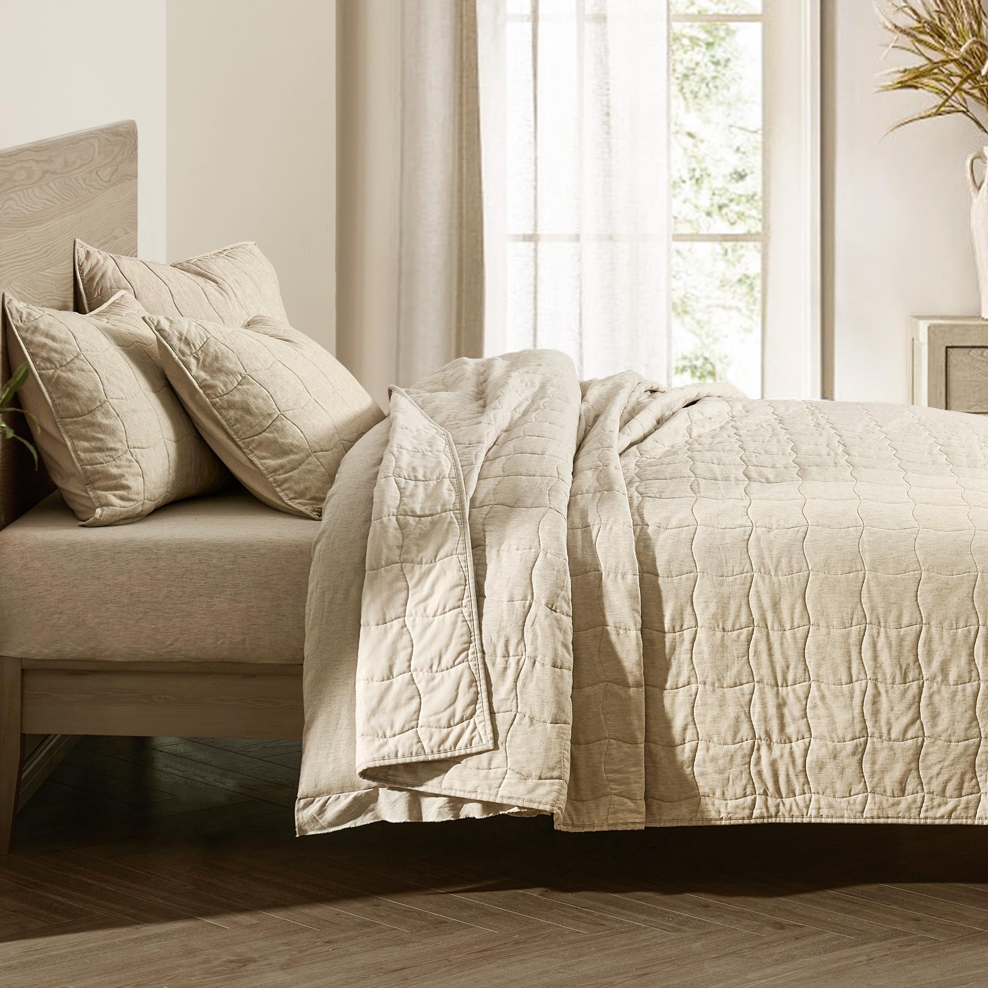 3-Piece Natural Linen Washed Quilted Bedcover Set with Relaxed Texture and Matching Shams