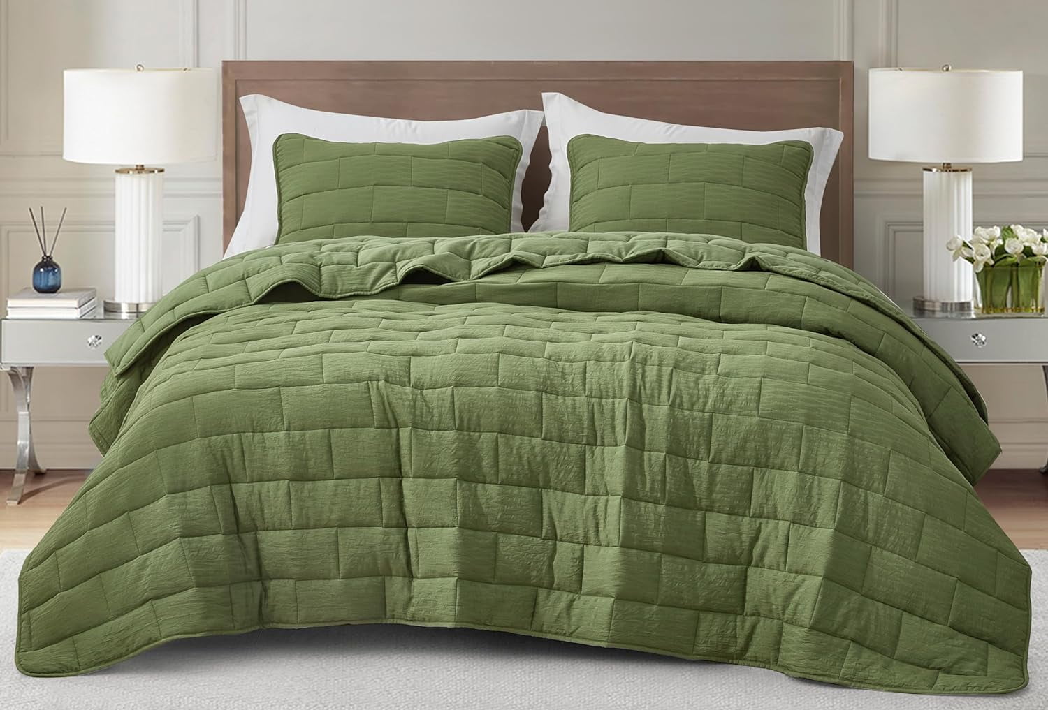 3-Piece Olive Green Jacquard Woven Quilted Bedcover Set with Textured Pattern and Pillow Shams