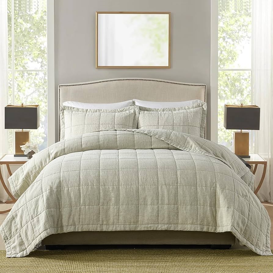 3-Piece Natural Linen Box Quilted Bedcover Set with Minimalist Design and Pillow Shams