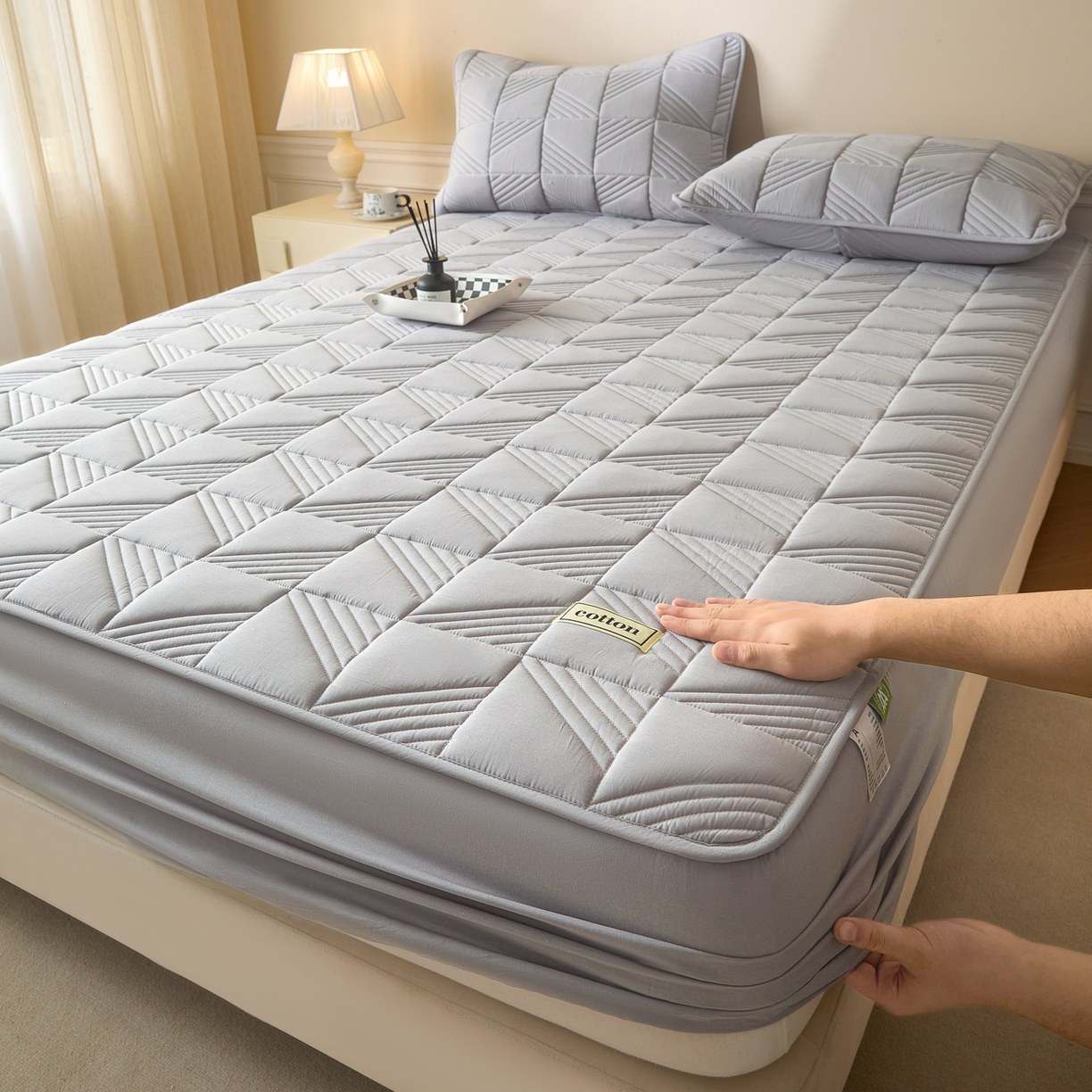 Pure Cotton Quilted Mattress Protector with Square Pattern, 3-Layer Padded Fitted Mattress Cover with Elastic Skirt, Breathable & Machine Washable