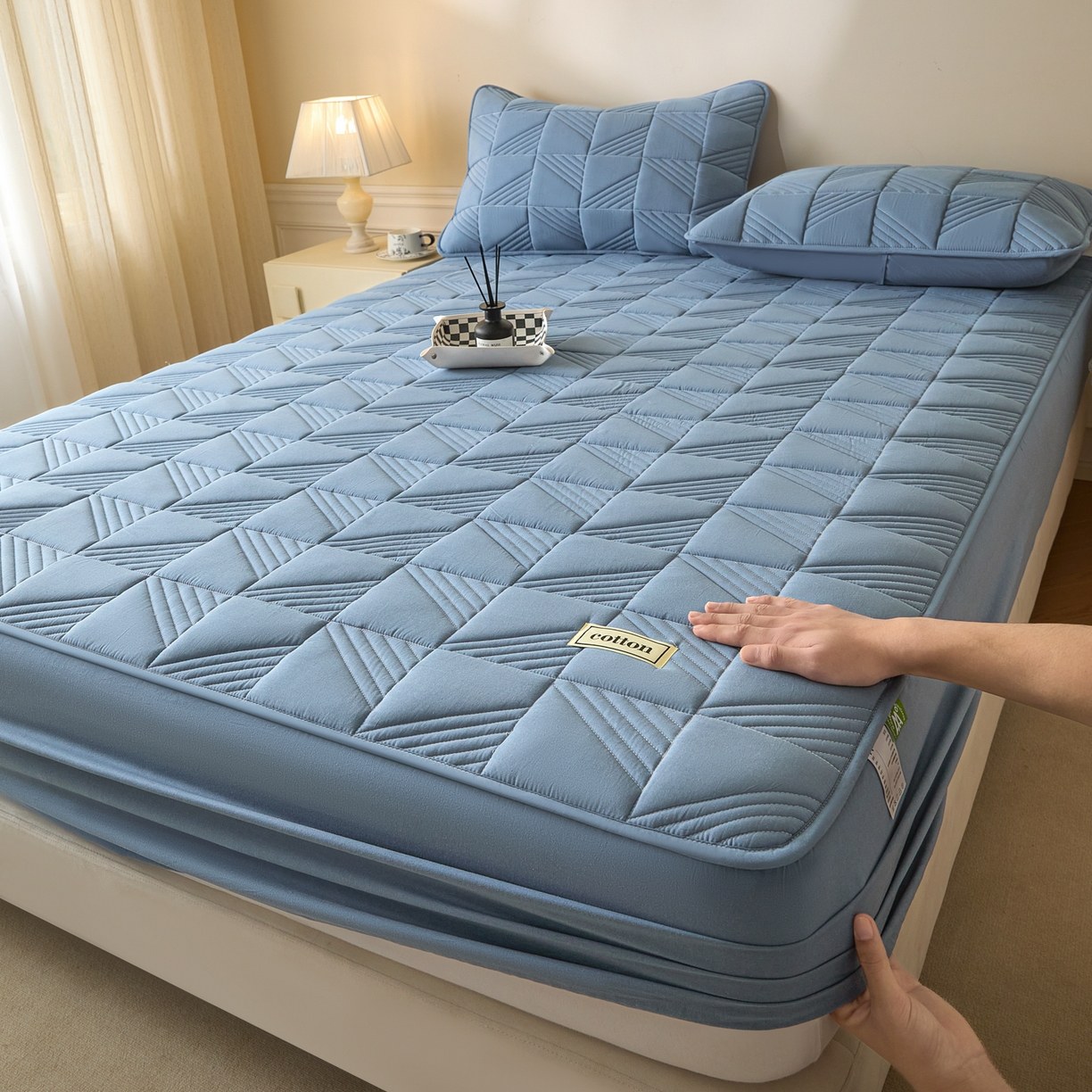 Pure Cotton Quilted Mattress Protector with Square Pattern, 3-Layer Padded Fitted Mattress Cover with Elastic Skirt, Breathable & Machine Washable