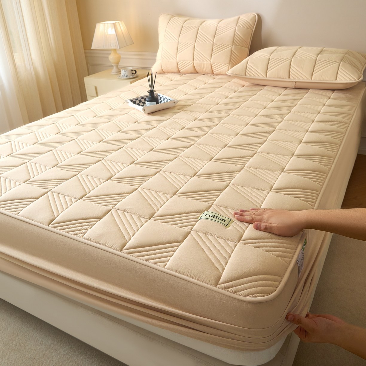 Pure Cotton Quilted Mattress Protector with Square Pattern, 3-Layer Padded Fitted Mattress Cover with Elastic Skirt, Breathable & Machine Washable