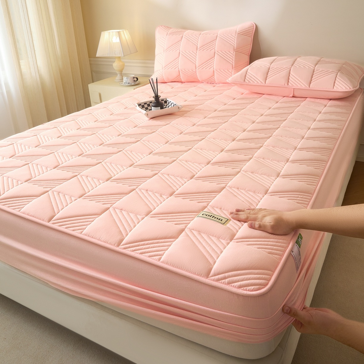 Pure Cotton Quilted Mattress Protector with Square Pattern, 3-Layer Padded Fitted Mattress Cover with Elastic Skirt, Breathable & Machine Washable