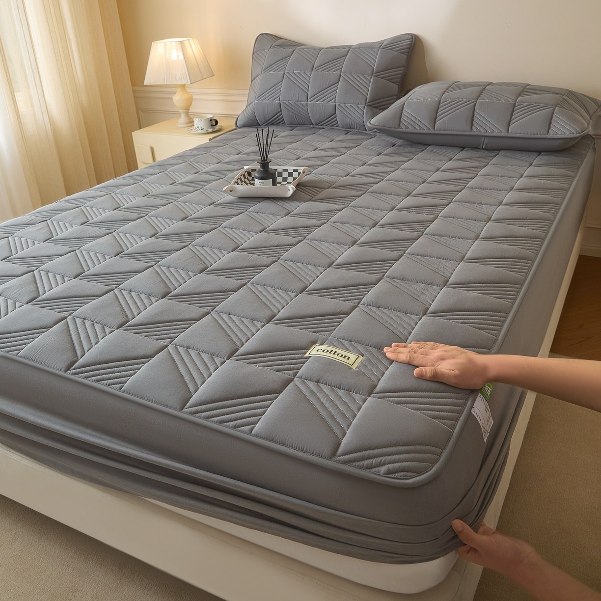 Pure Cotton Quilted Mattress Protector with Square Pattern, 3-Layer Padded Fitted Mattress Cover with Elastic Skirt, Breathable & Machine Washable