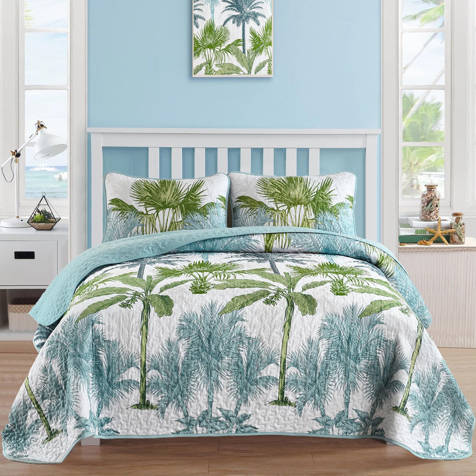 3-Piece Tropical Palm Tree Quilted Bedcover Set with Coastal Vibes and Decorative Shams