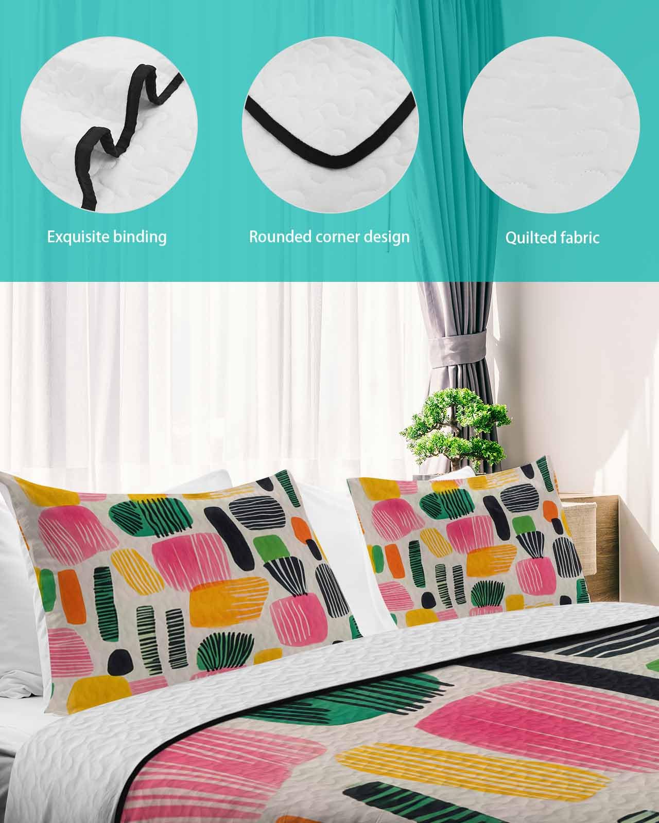 3-Piece Colorful Abstract Art Quilted Bedcover Set with Modern Design and Pillow Shams