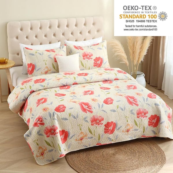 3-Piece Watercolor Pink Poppy Quilted Bedcover Set with Reversible Design and Pillow Shams