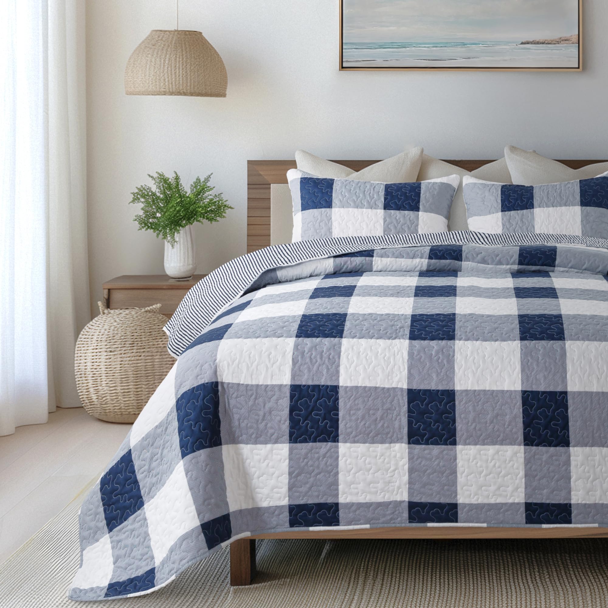 3-Piece Navy Blue and White Check Quilted Bedcover Set with Coastal Style and Pillow Shams