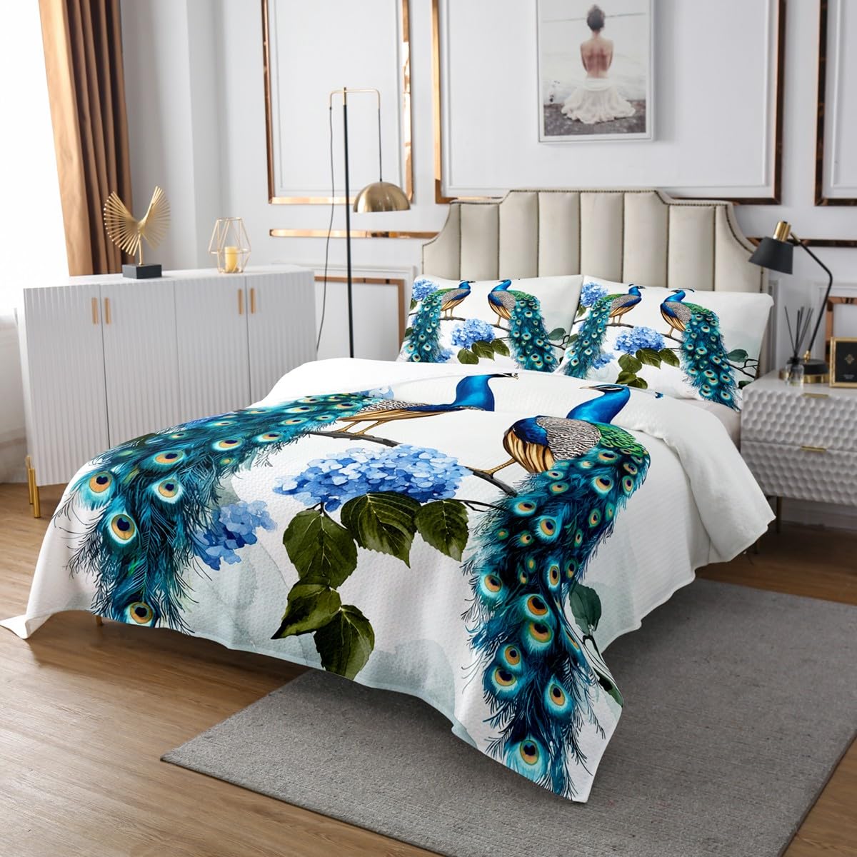 3-Piece Vintage Peacock Feather Quilted Bedcover Set with Dark Background and Pillow Shams