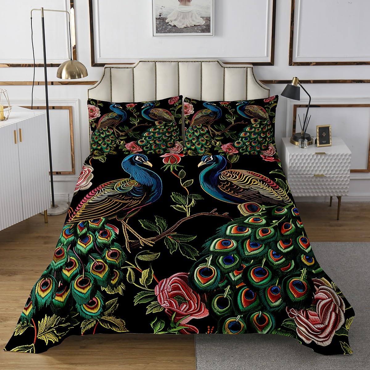 3-Piece Peacock and Hydrangea Quilted Bedcover Set with Nature Theme and Matching Shams