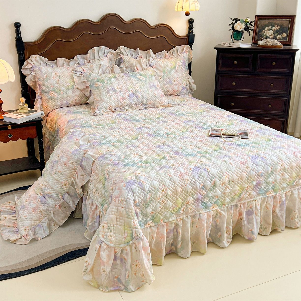 Lyocell Digital Print Quilted Bedspread Set (3-Piece) with Elegant Lace Trim