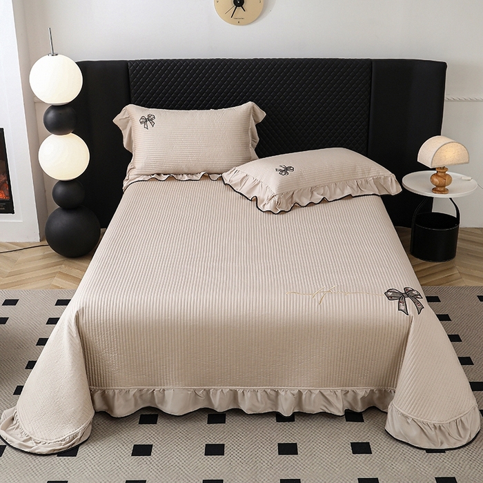 Tencel Lyocell Embroidered Bow Bedspread Set (3-Piece) with Elegant Lace Trim