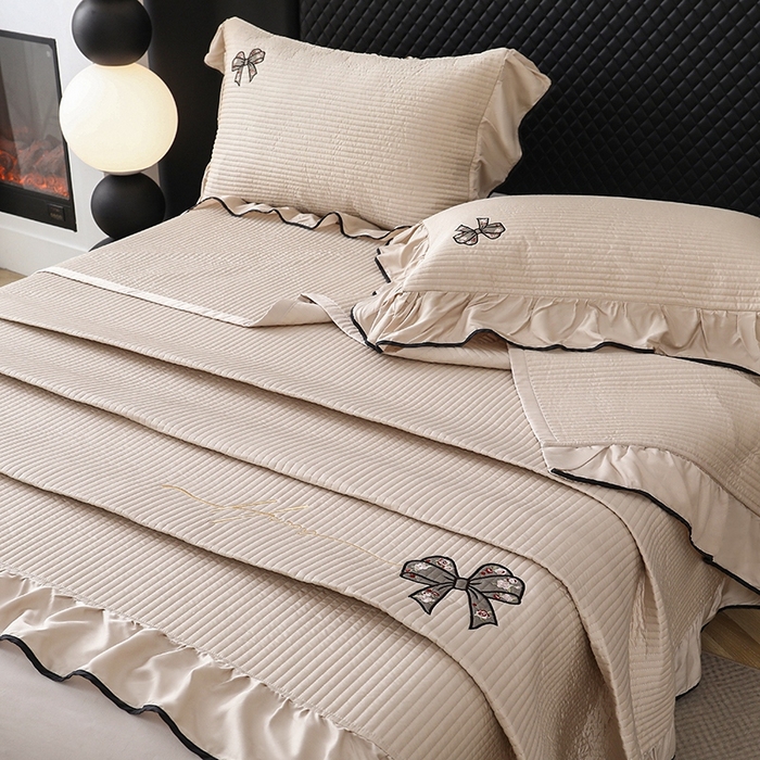 Tencel Lyocell Embroidered Bow Bedspread Set (3-Piece) with Elegant Lace Trim