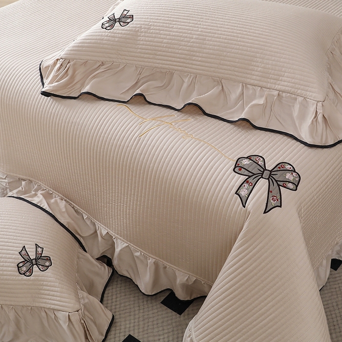 Tencel Lyocell Embroidered Bow Bedspread Set (3-Piece) with Elegant Lace Trim