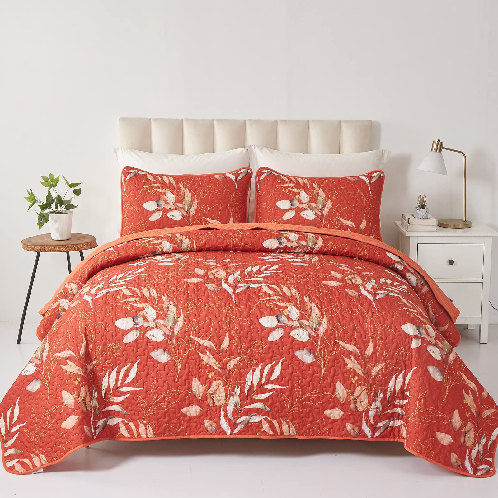 3-Piece Orange Patchwork Aztec Quilted Bedcover Set with Ethnic Pattern and Matching Shams