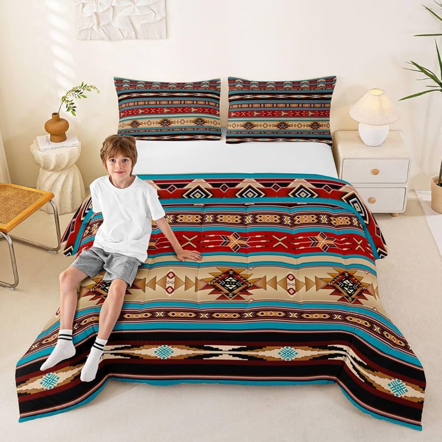 3-Piece Southwest Geometric Quilted Bedcover Set with Teal and Brown Pattern and Shams
