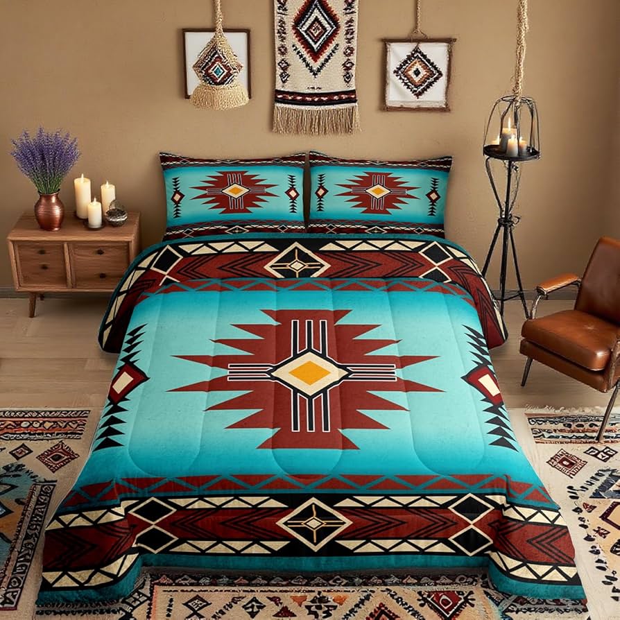 3-Piece Sage Green Aztec Geometric Quilted Bedcover Set with Boho Style and Pillow Shams