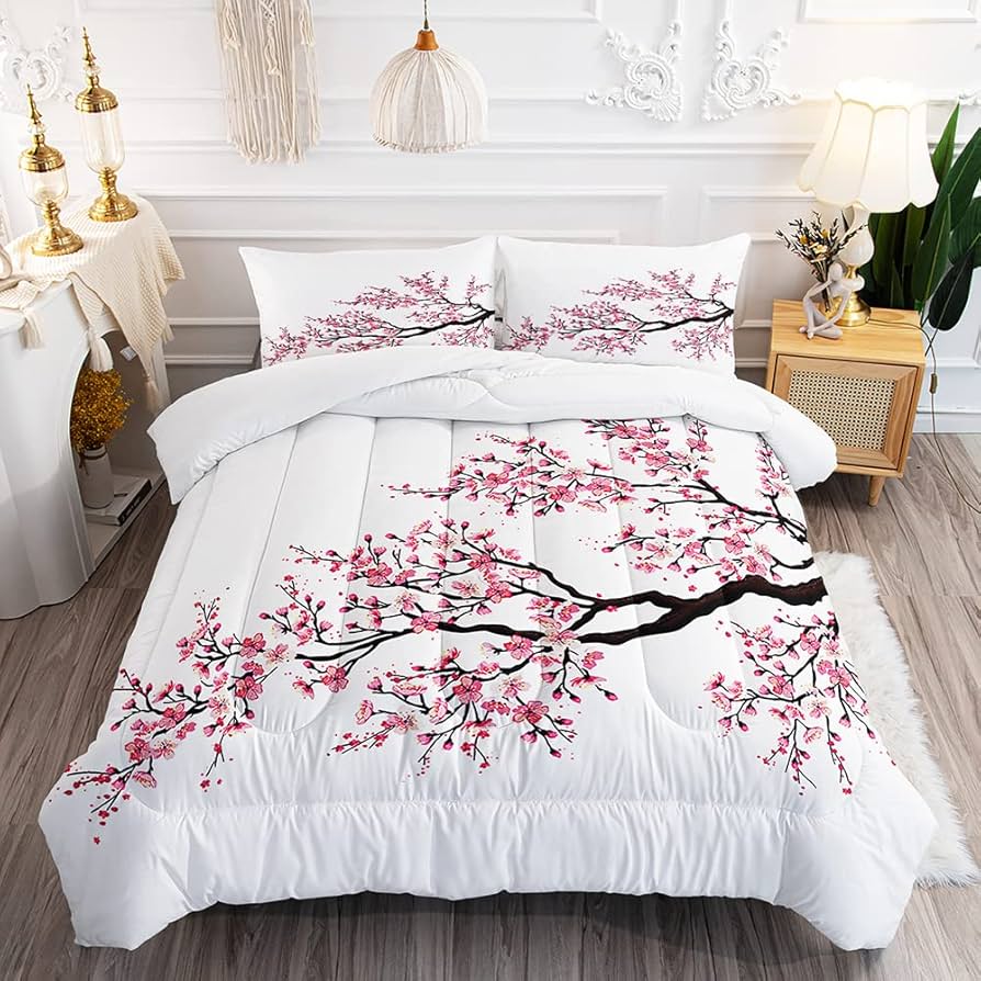 3-Piece Pink Cherry Blossom Tree Quilted Bedcover Set with Artistic Design and Pillow Shams