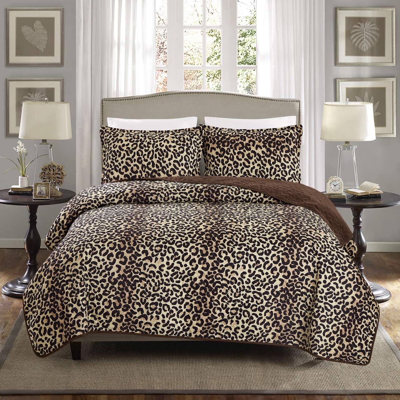 3-Piece Mixed Animal Print Quilted Bedcover Set with Exotic Pattern and Decorative Shams