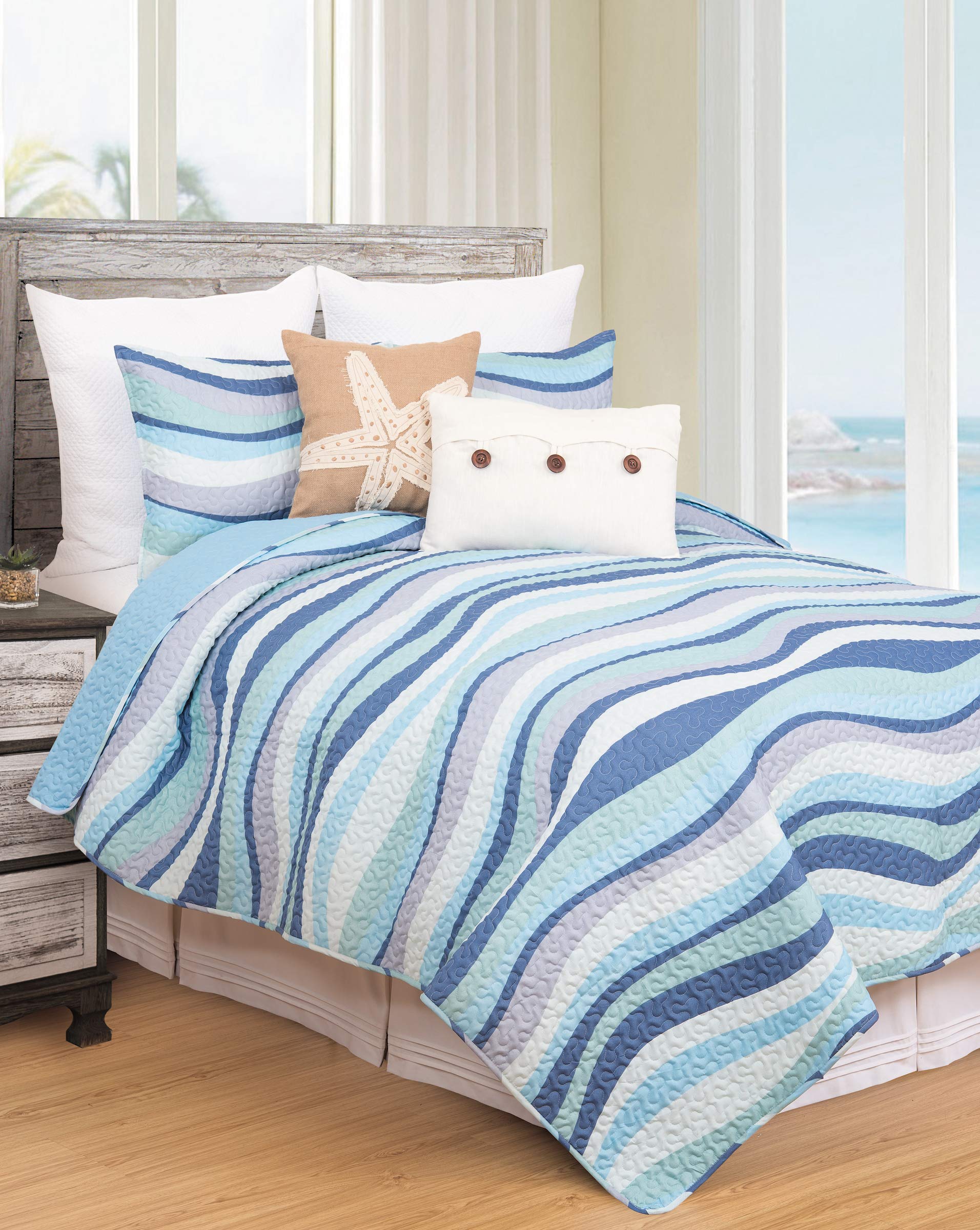 3-Piece Beach Tropical Ocean Quilted Bedcover Set with Scenic Print and Pillow Shams