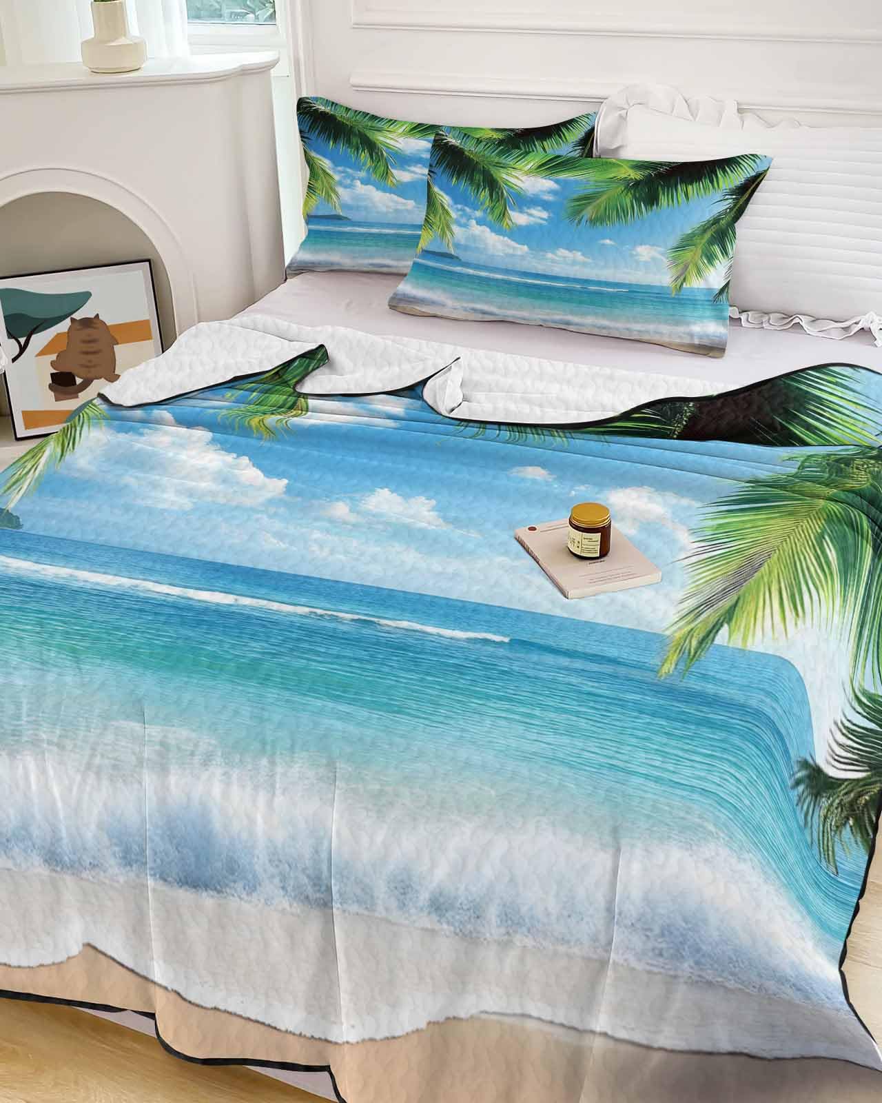 3-Piece Enchanted Forest Mushroom Quilted Bedcover Set with Fantasy Design and Shams