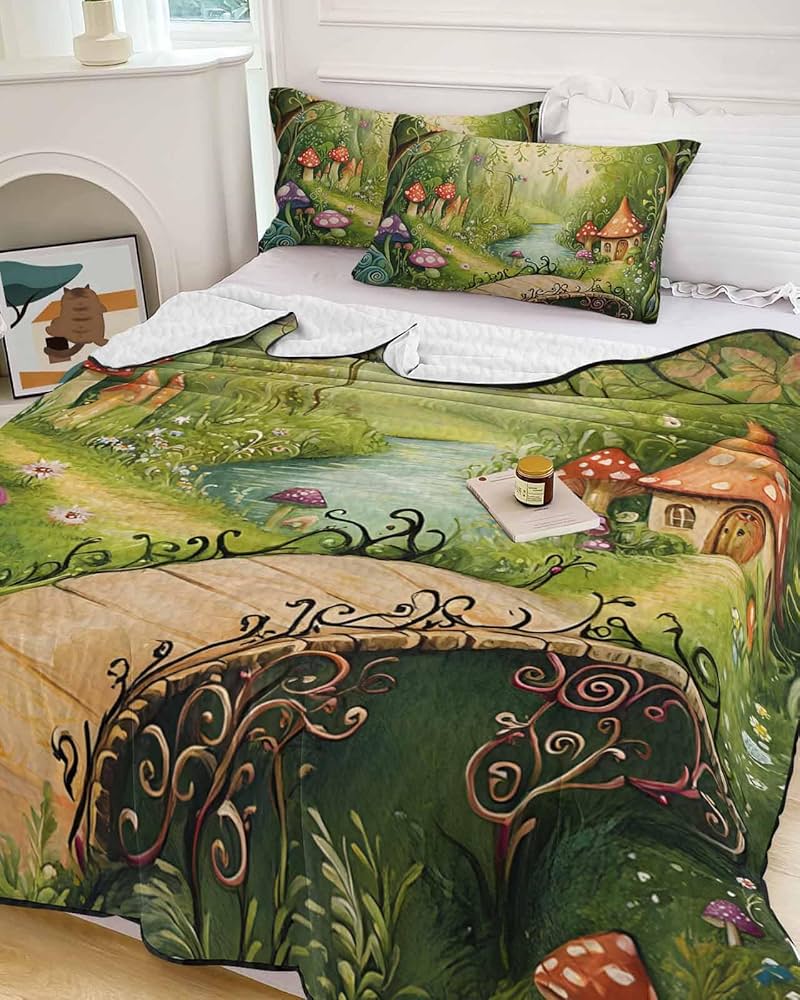 3-Piece Vintage Forest Mushroom Quilted Bedcover Set with Cottagecore Aesthetic and Pillow Shams