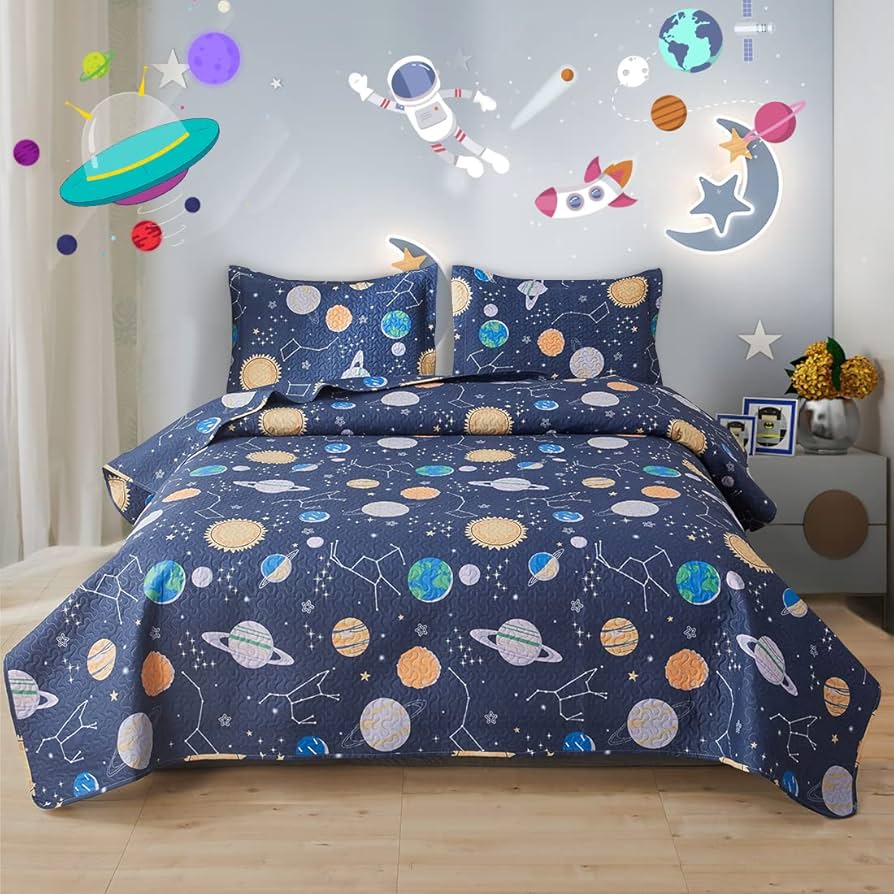 3-Piece Galaxy Stars Planet Quilted Bedcover Set with Dark Blue Space Theme and Pillow Shams