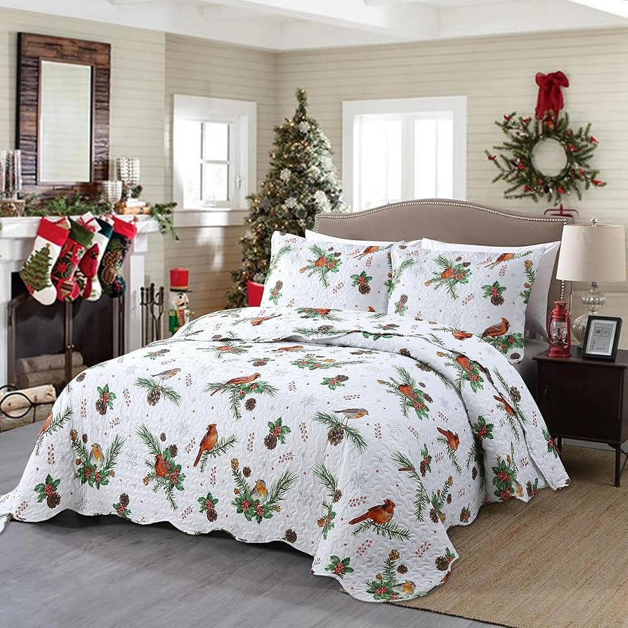 3-Piece Dark Mushroom Night Forest Quilted Bedcover Set with Gothic Botanical Design and Shams