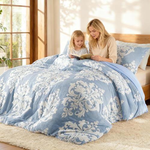 Burnout Printed Flannel Winter Comforter, Bohemian Plush Quilt with Ultra-Soft Microfiber Backing, Warm All-Season Bedding