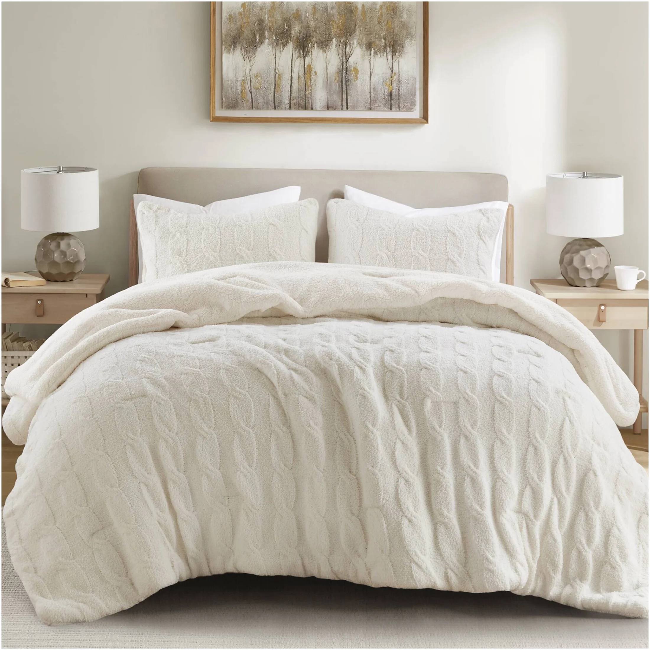 Cable Knit Chenille Comforter Set with Sherpa Fleece – Ultra Soft Reversible 3-Piece Bedding Set (Ivory)