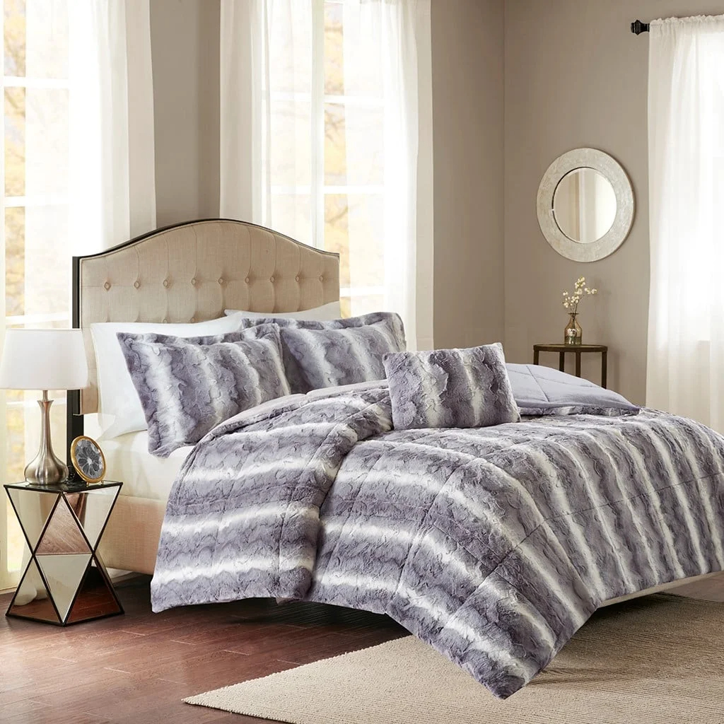 Faux Mink Fur Duvet Cover Set, Quilted Plush Bedding Set with Soft Microfiber Faux Fur, Cozy Modern Comforter Cover Set