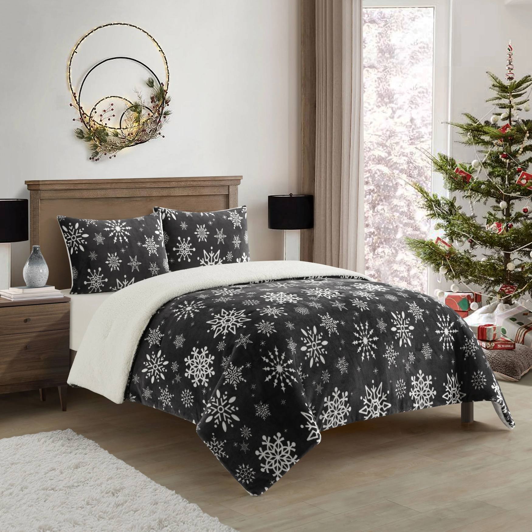 Snowflake Sherpa Comforter Set – Ultra Soft Reversible 3-Piece Bedding Set (Charcoal Grey)